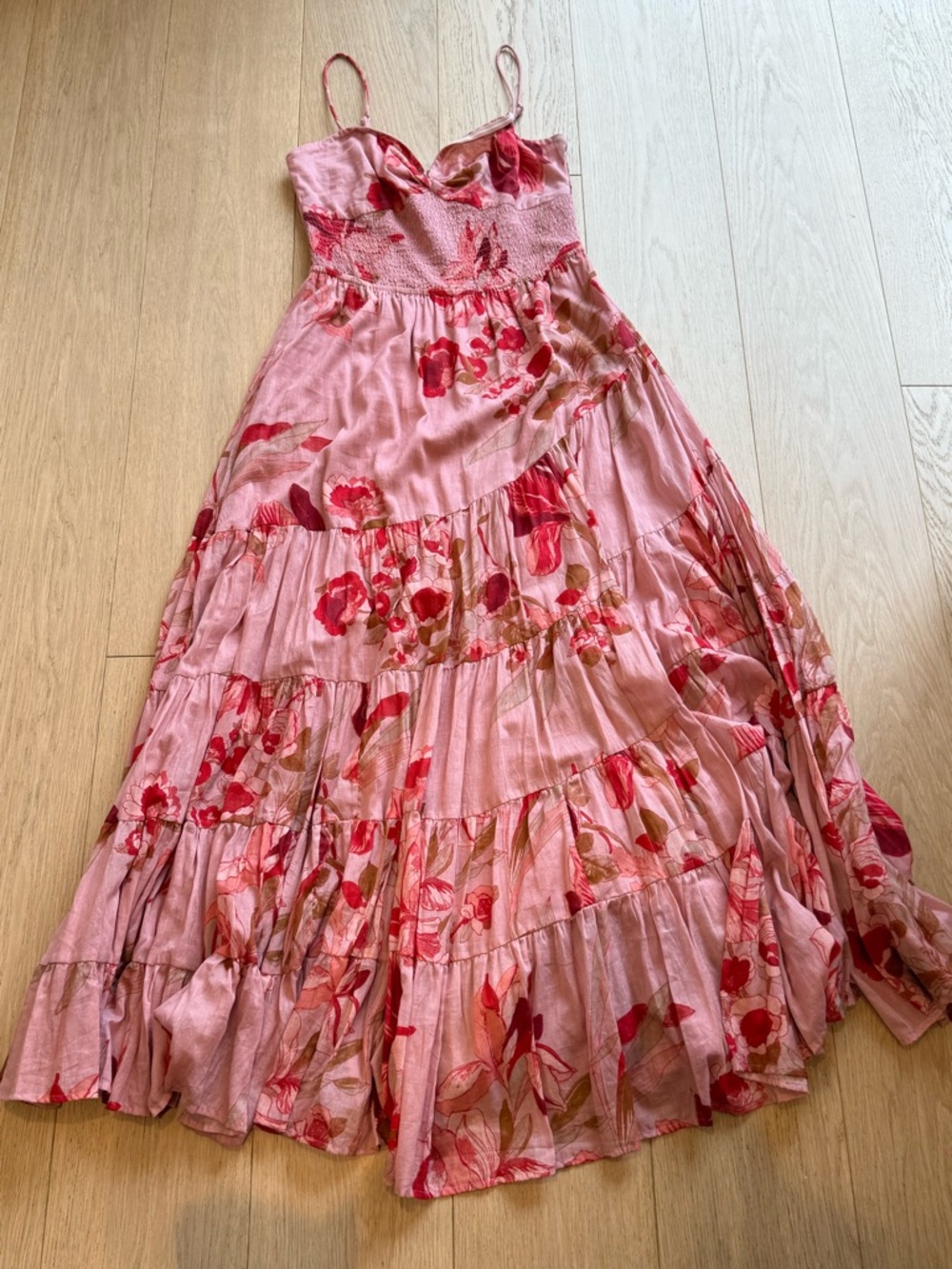 BNWOT Free People Sundrenched Maxi Dress Pink Floral Tiered Boho Maxi Smocked - Picture 5 of 7